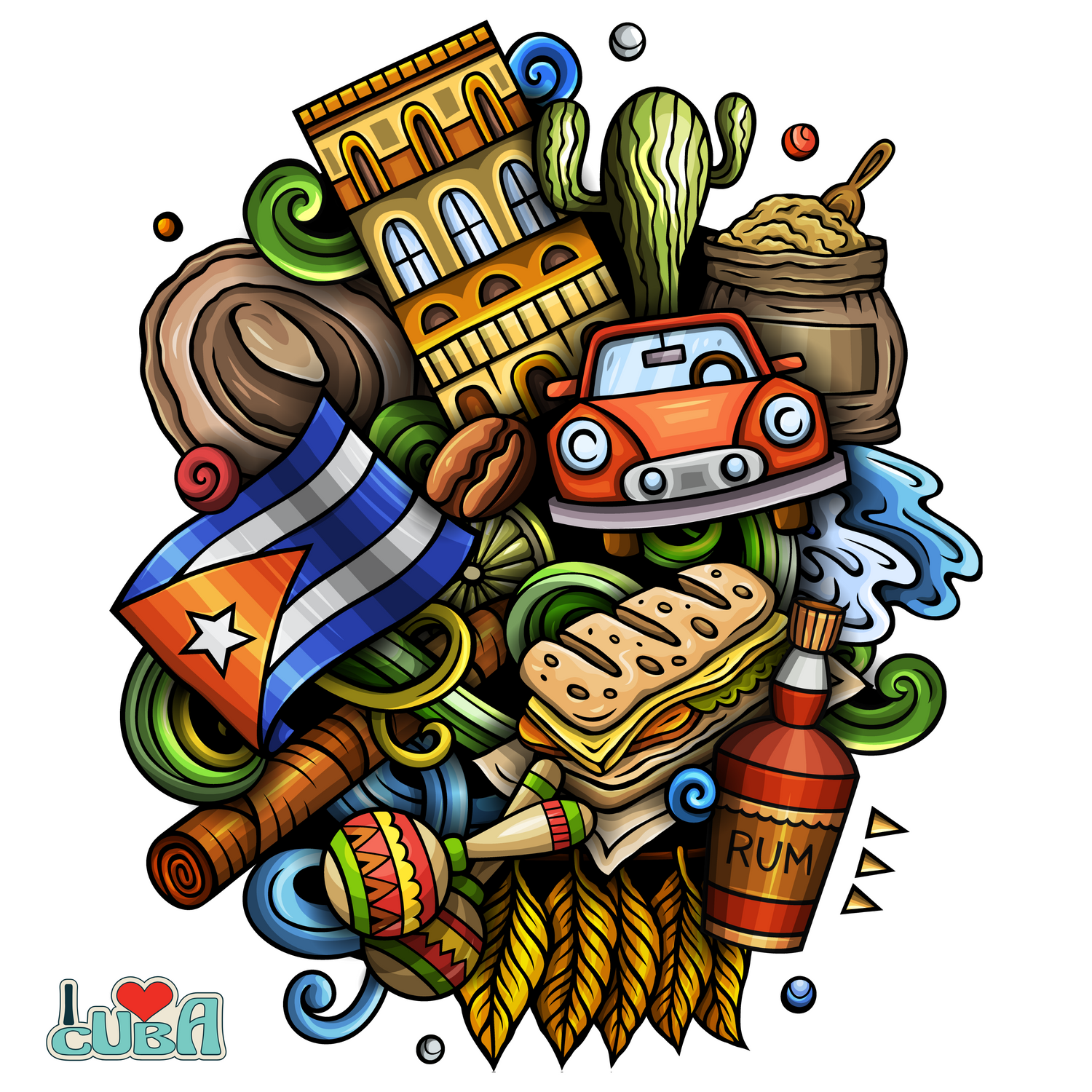 Imagen con símbolos de la cultura cubana: ropa cubana, accesorios típicos, bandera, música, comida y frases. Nostalgia cubana para cubanos en Miami y el exterior. Tienda cubana online de orgullo, identidad y tradición.